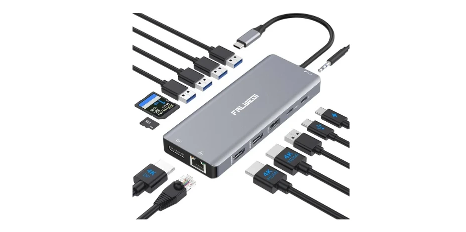 Laptop Docking Station Dual Monitor, 14 in 1 USB C Hub Multiport Adapter Dongle with 2 HDMI