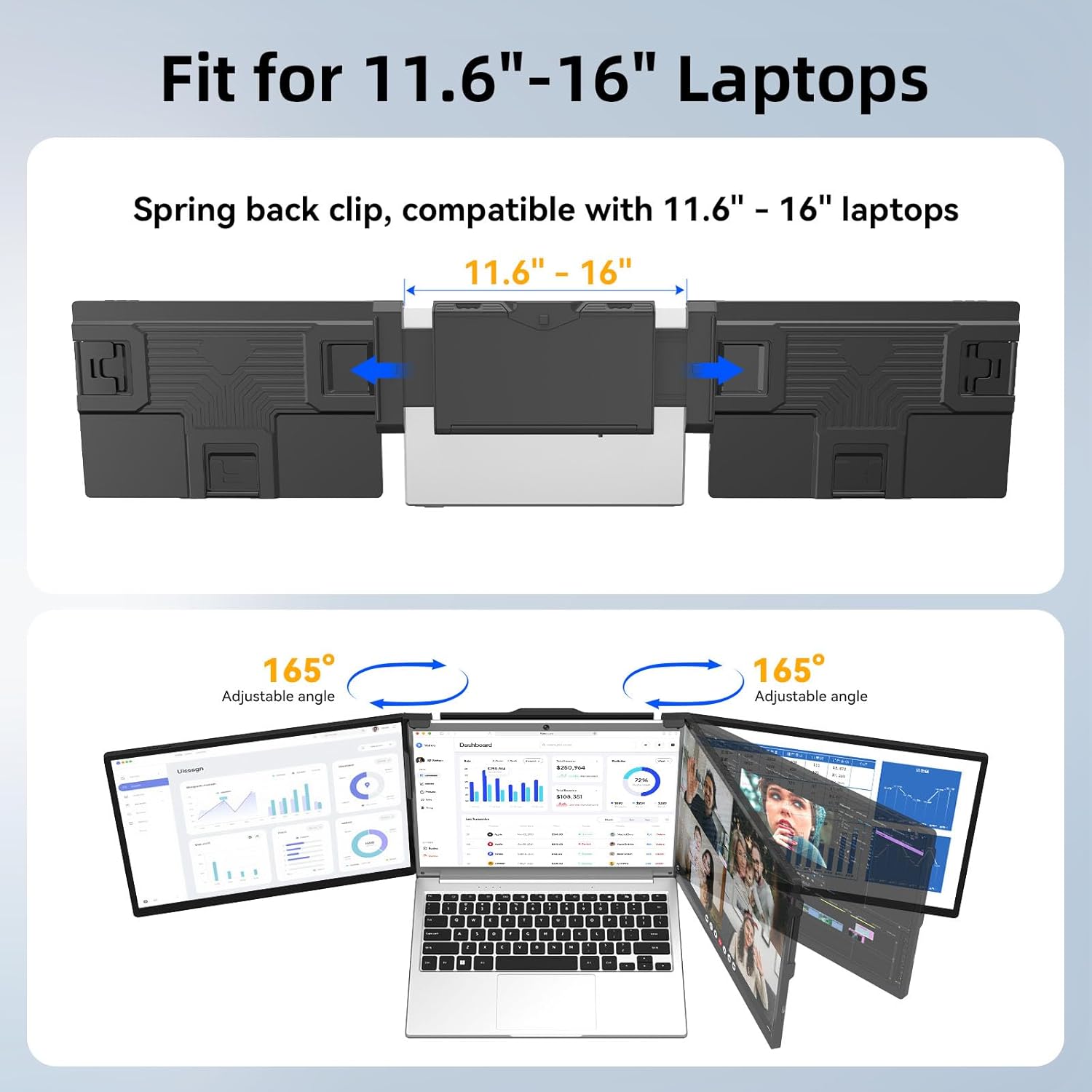 ADREAMER 13.3 Triple Screen Laptop Monitor Extender, Detachable 3 Screen Monitor for Laptop 13-16, 1920x1200 IPS 16:10, 1 Cable for 3 Displays, Compatible with Wins/Mac.