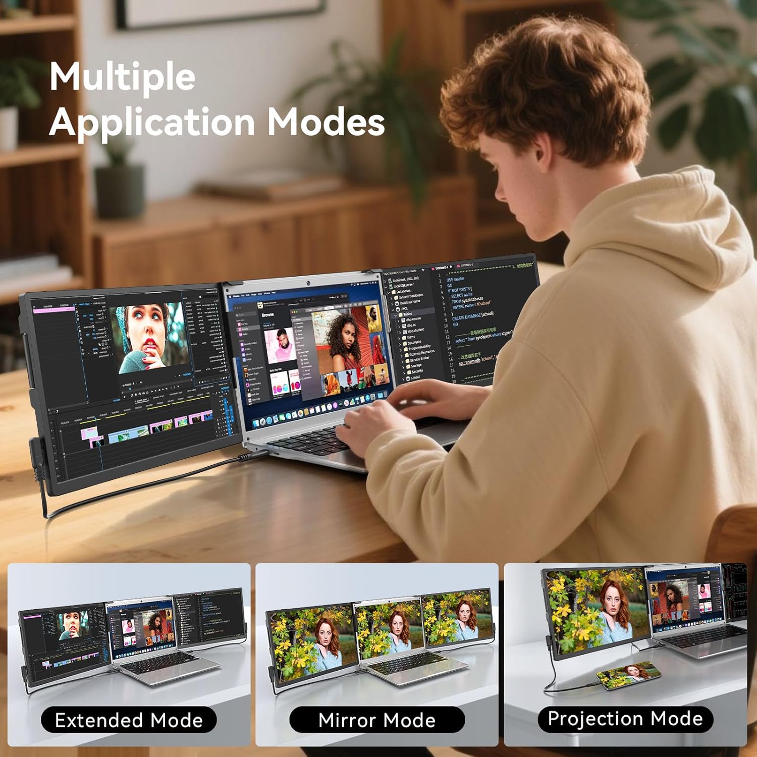 ADREAMER 13.3 Triple Screen Laptop Monitor Extender, Detachable 3 Screen Monitor for Laptop 13-16, 1920x1200 IPS 16:10, 1 Cable for 3 Displays, Compatible with Wins/Mac.