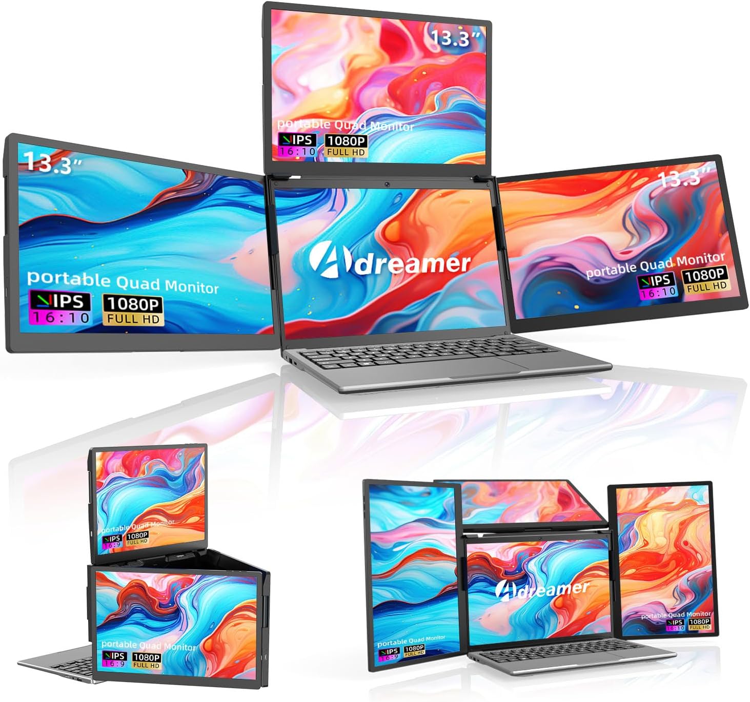 ADREAMER 13.3 Triple Screen Laptop Monitor Extender, Detachable 3 Screen Monitor for Laptop 13-16, 1920x1200 IPS 16:10, 1 Cable for 3 Displays, Compatible with Wins/Mac.