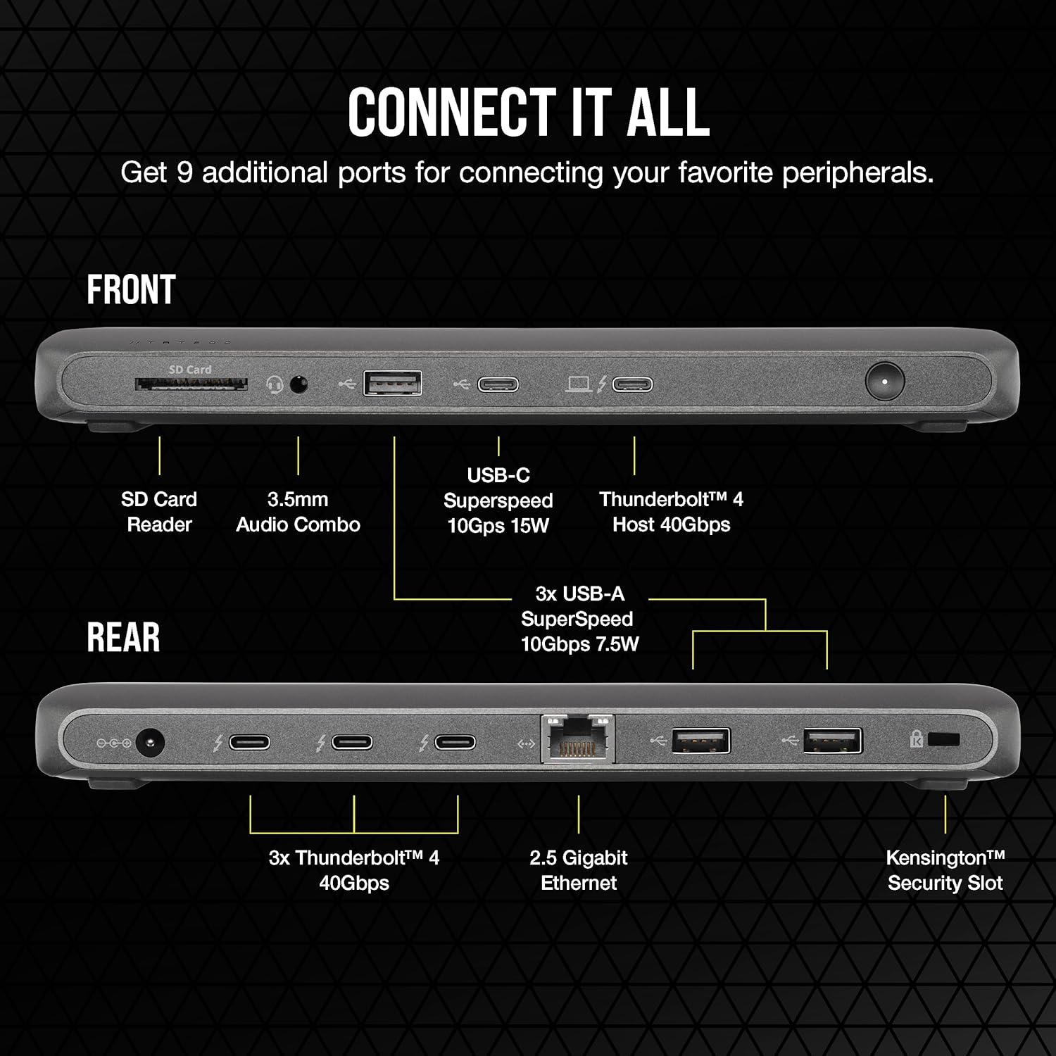Corsair TBT200 Thunderbolt™ 4 Dock - Up to 96W Power Delivery - 4X Thunderbolt 4 Ports - Thunderbolt Dock Utility - 4X USB Type-A Ports - USB Type-C Port - SD 4.0 Card Reader - 2.5Gb Ethernet Port