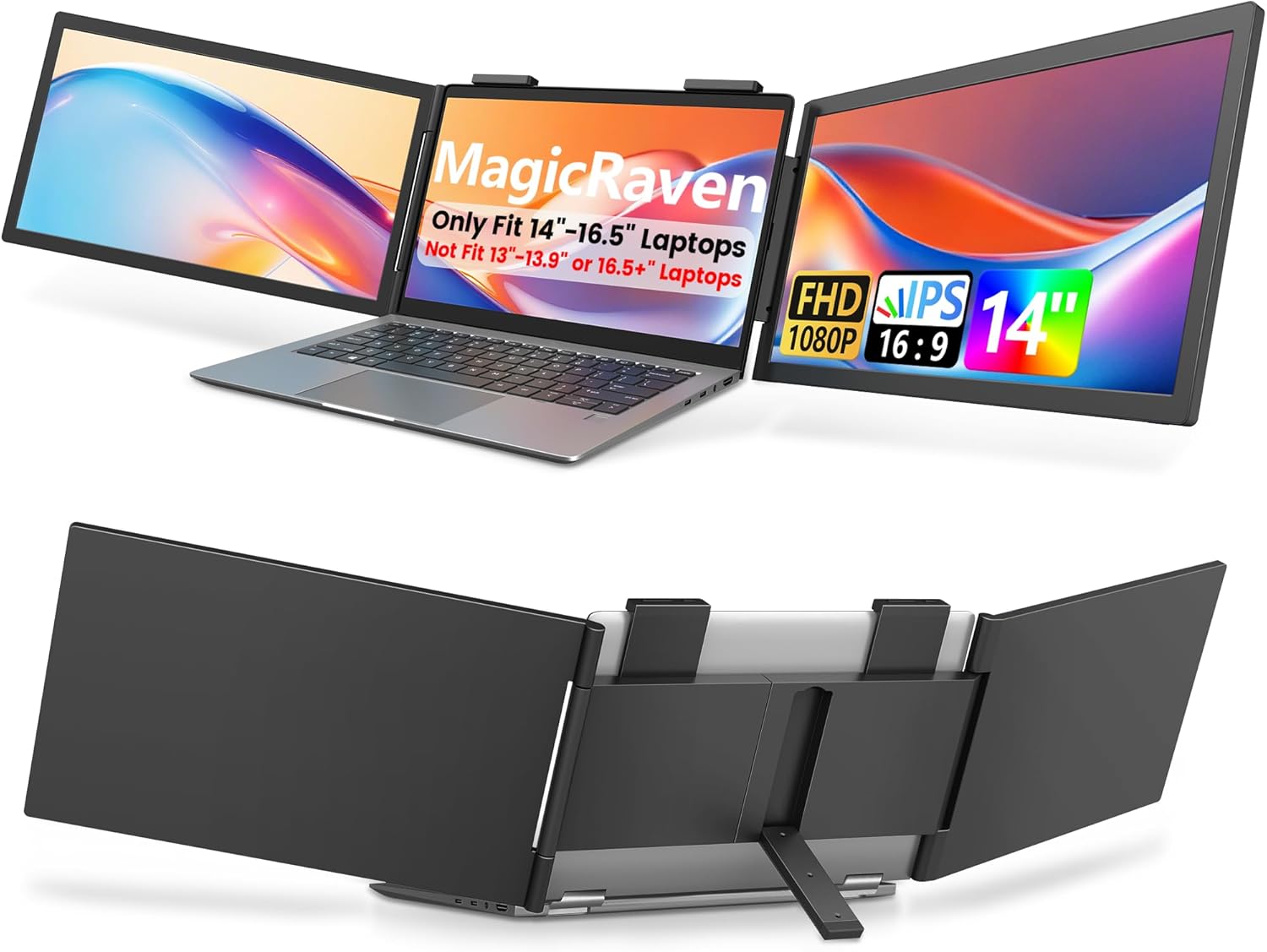 Dual Laptop Screen Extender, 14 1080P IPS Portable Triple Monitor for 14-16.5 Laptops with USB-C Port, Plug and Play, Attachment Screen for Windows/Mac/Android/Switch/PS5/Xbox