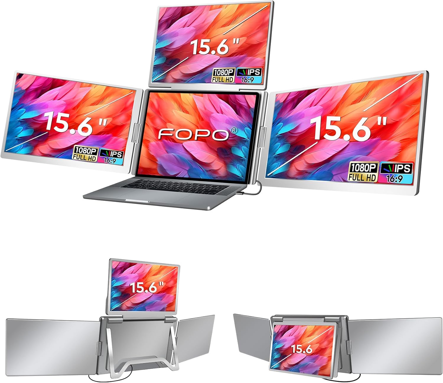 FOPO 15.6 Laptop Screen Extender Monitor Portable, Quad Monitor, Just 1 Cable for 3 Screens, FHD 1080P IPS Laptop Extender Compatible with Wins/Mac for 13.6 - 17.3 Laptops