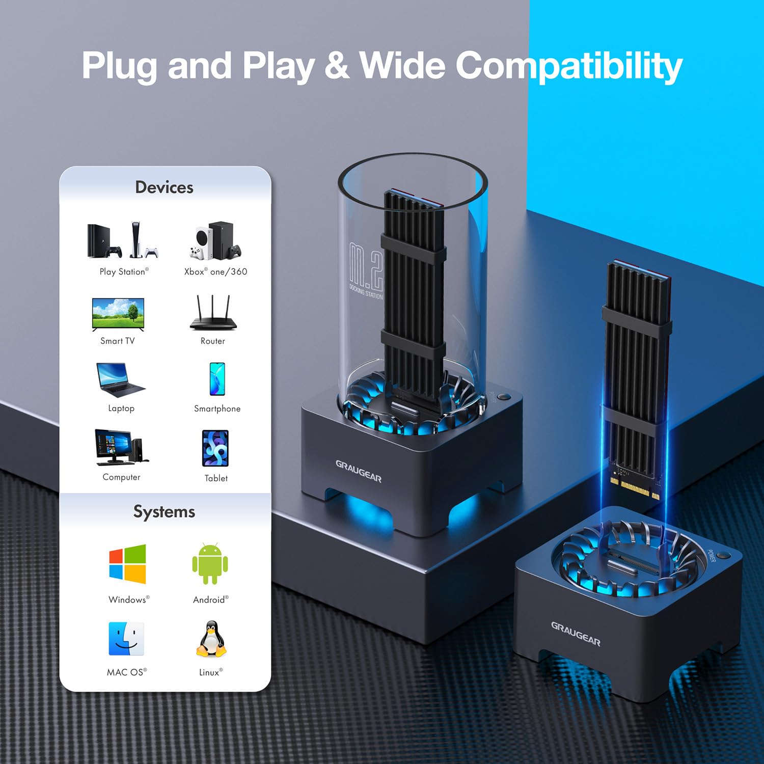 GRAUGEAR 40Gbps M.2 NVMe SSD Enclosure Docking Station, USB4 External Docking Base with Cooling Fan, UASP Trim Support, Compatible with Thunderbolt 4/3, ASM2464PD Chip [G-M2DK-U4-40G]