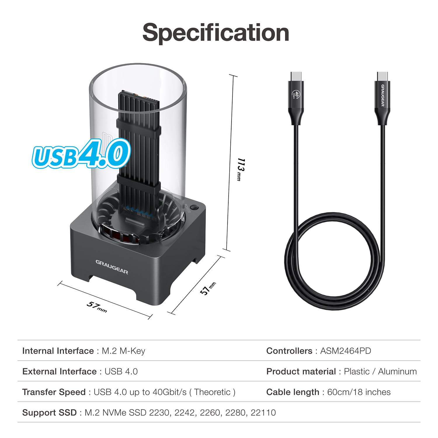 GRAUGEAR 40Gbps M.2 NVMe SSD Enclosure Docking Station, USB4 External Docking Base with Cooling Fan, UASP Trim Support, Compatible with Thunderbolt 4/3, ASM2464PD Chip [G-M2DK-U4-40G]