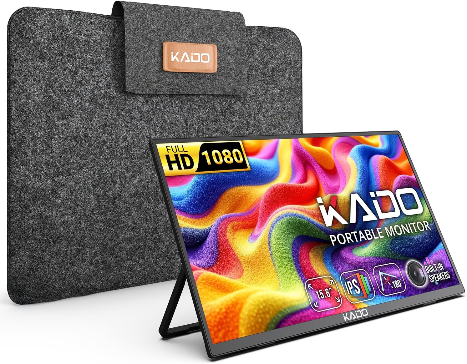 Kado 15.6 FHD Portable Monitor for Laptop, 1080p Second Display IPS 1920x1080 HDMI USB-C Laptop Screen Extender, Carrying Sleeve 180° Kickstand for PC, Mac, Dex, Tablet, Xbox, PS4/PS5, Switch
