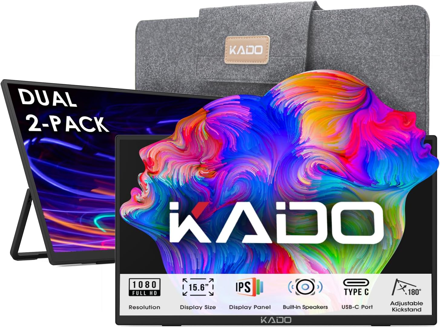 Kado Portable Monitor 15.6 FHD 1080p, Ultra-Slim Laptop Monitor 1920x1080 with Built-in Speakers, IPS Display 180° Kickstand Wall/Arm Mount for PC, Mac, Phone, Xbox, PS5, USB-C  HDMI Connectivity