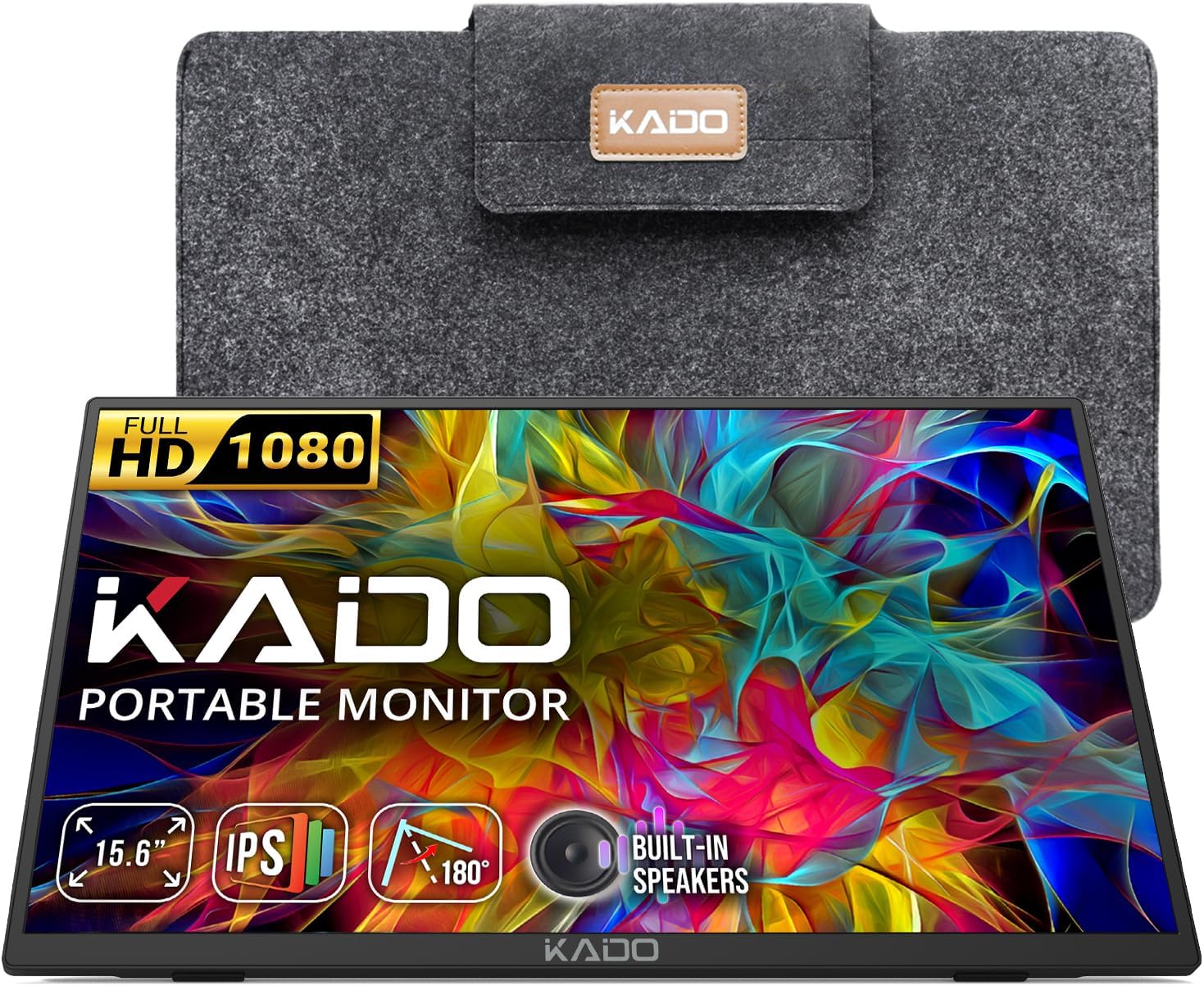 Kado Portable Monitor 15.6 FHD 1080p, Ultra-Slim Laptop Monitor 1920x1080 with Built-in Speakers, IPS Display 180° Kickstand Wall/Arm Mount for PC, Mac, Phone, Xbox, PS5, USB-C  HDMI Connectivity