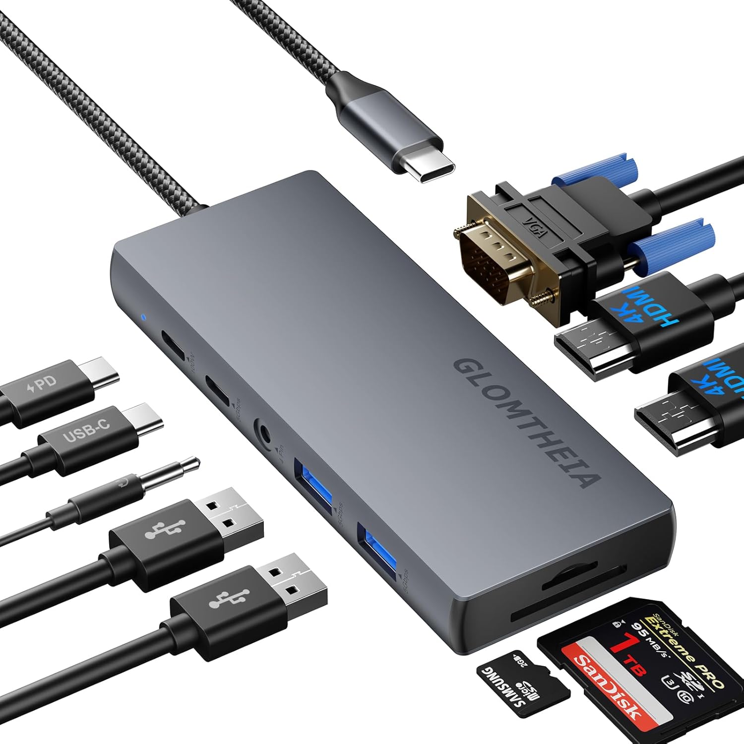 Laptop Docking Station,10-in-1 USB C Hub, 4K Dual HDMI Monitors Adapter, Powered Hub with 100W PD, VGA, 2xUSB-A 3.0, USB-C Data Port, SD/TF Reader, 3.5mm Audio, USB Hub for MacBook Pro, XPS