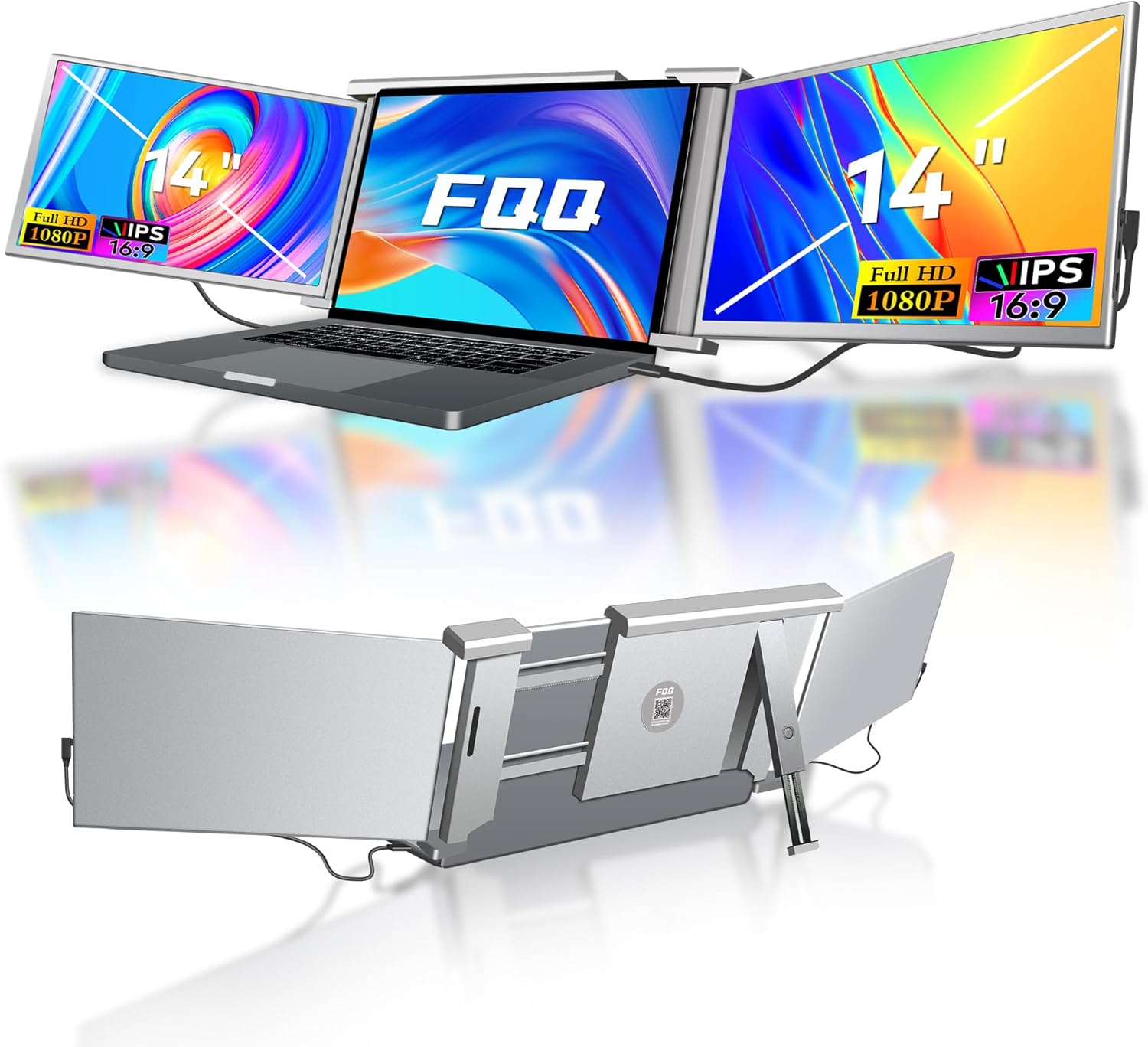 Laptop Screen Extender, 14 FHD 1080P IPS Triple Screen Laptop Monitor Extender 13.5–16.5 inch, Portable Extended Monitor Compatible with Windows and MacOS, Grey