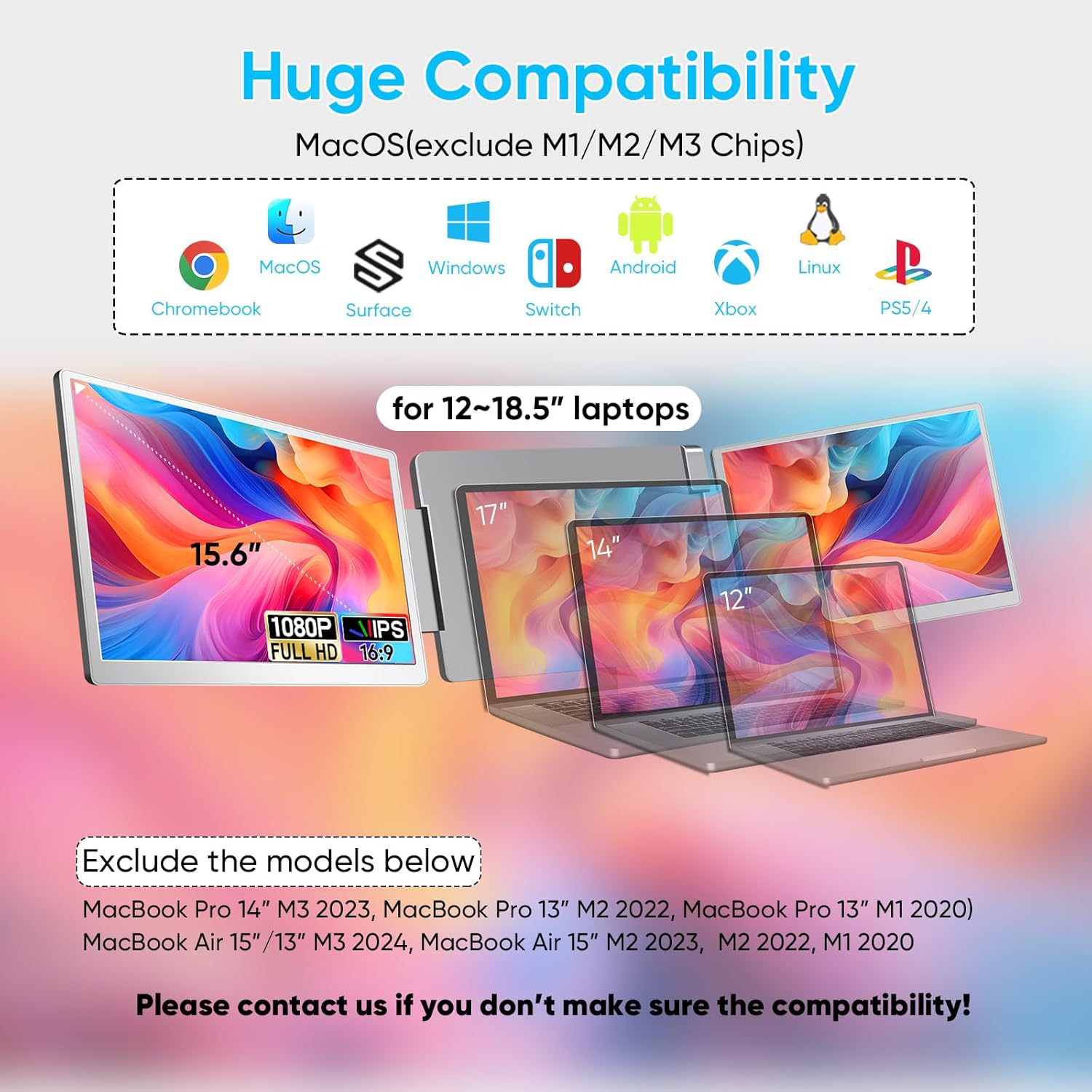 Laptop Screen Extender, FHD 1200P 16:10 IPS Portable Monitor for Laptops 12~16.2 inch, 14 Triple Screen Laptop Monitor Extender Display, Plug  Play with USB-C HDMI for Windows/MacBook/Switch/PS5