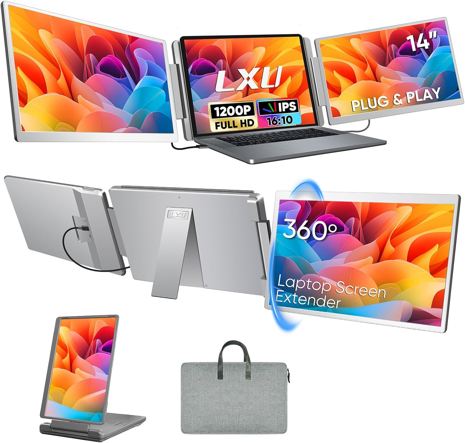 Laptop Screen Extender, FHD 1200P 16:10 IPS Portable Monitor for Laptops 12~16.2 inch, 14 Triple Screen Laptop Monitor Extender Display, Plug  Play with USB-C HDMI for Windows/MacBook/Switch/PS5