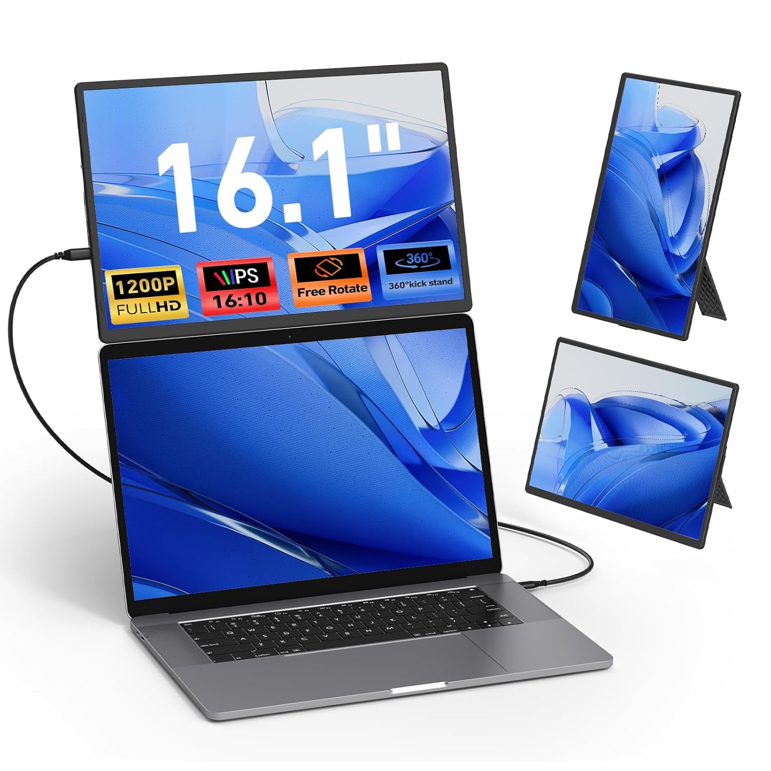 Laptop Screen Extender Monitor Portable - 16.1 FHD 1200P Portable Screen for Laptops, 360° Rotating, Plug  Play, Detachable Stand, Height Adjustable Laptop Monitor Extender for Mac/Win/Phone/Tablet