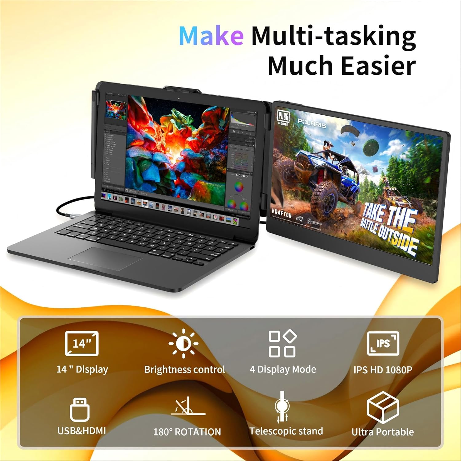 Laptop Screen Extender Portable Monitor, Dual Monitor Extender for Laptop, 14.1 Screen 1080P FHD Display, Fit for 13-17 Laptops, Plug  Play Compatiable with Win/Mac/Chrome/Android/Switch
