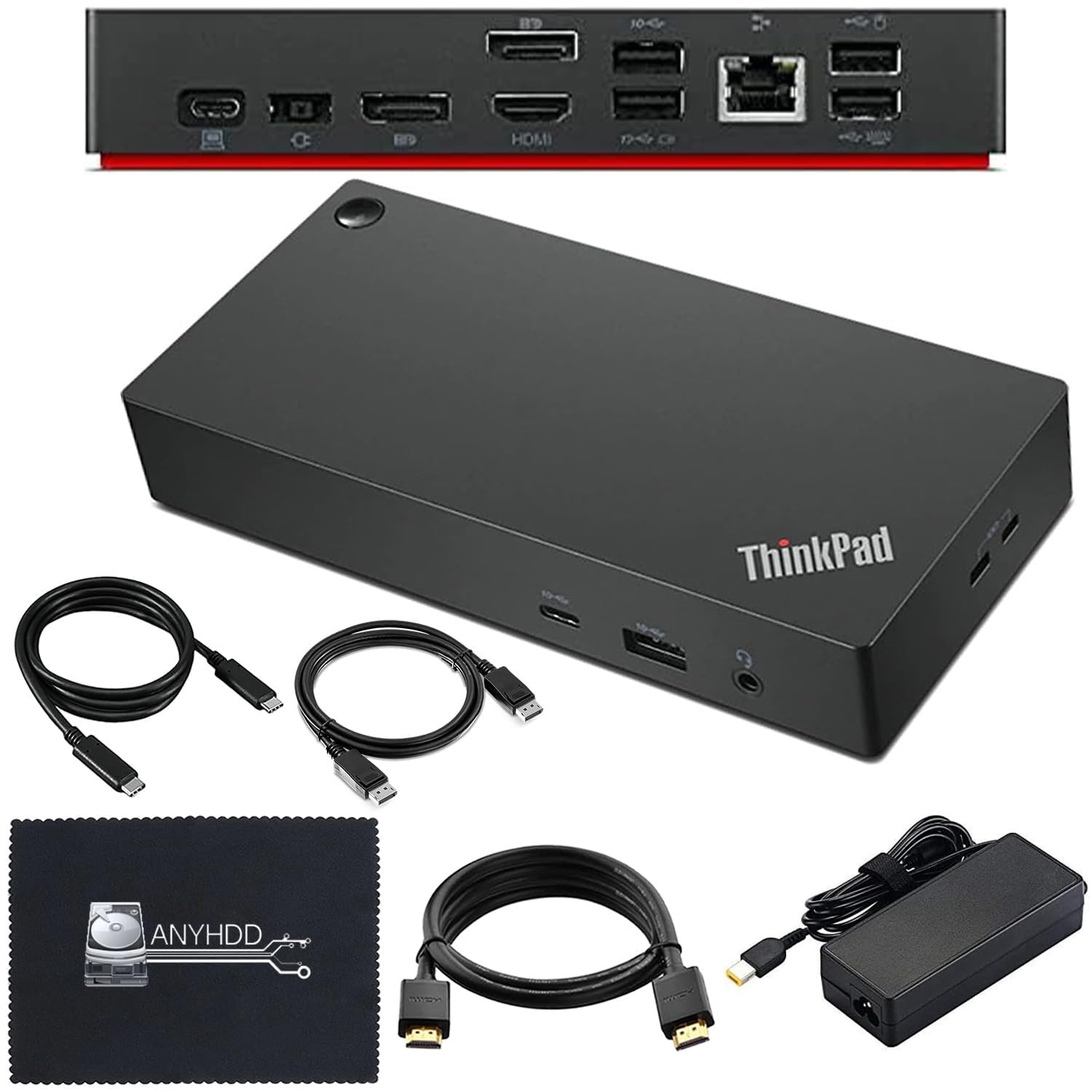 Lenovo 40AY0090US Dock Dual Monitor Bundle - Lenovo Docking Station USB C with 90W AC Adapter + 4K HDMI Cable + 4K DisplayPort Cable + USB-C Cable + Microfiber Cloth - Supports 4K Display (Renewed)