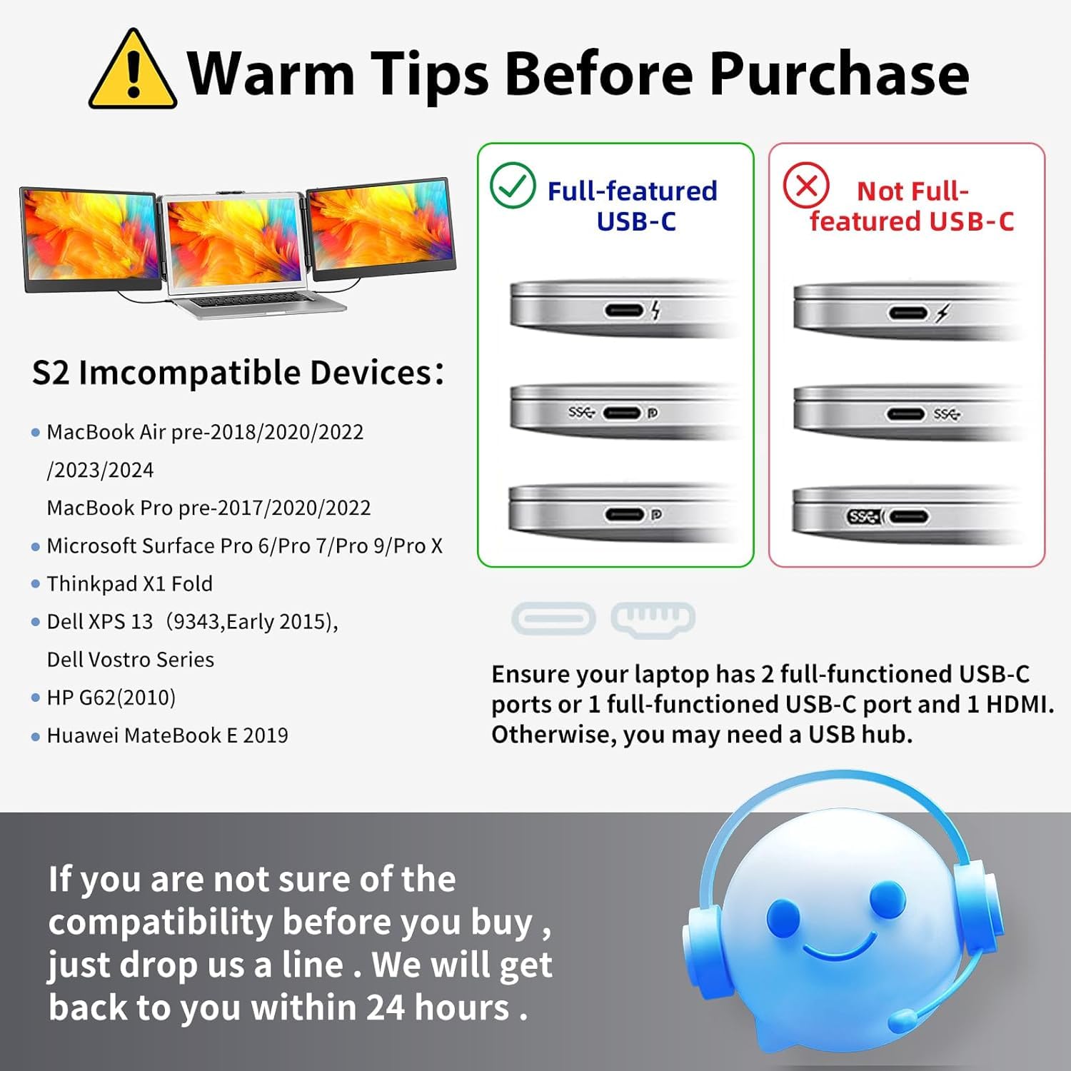 LOSC Laptop Screen Extender - Portable Monitor for Laptop with 14 Inch IPS Panel FHD 1080P Triple Monitor for Windows Mac Office Business Trip (S2)