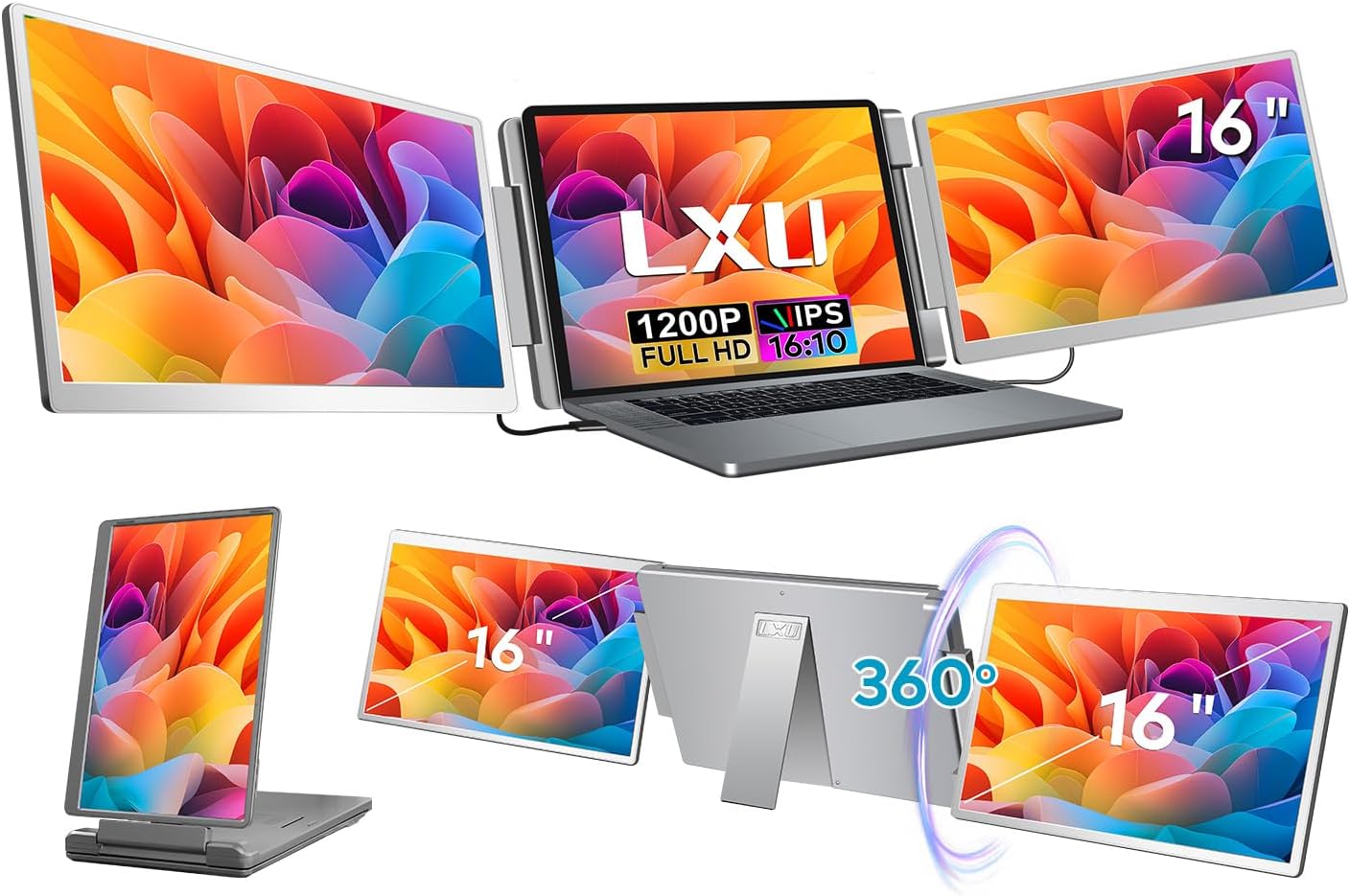 LXU 16-inch Portable Monitor for Laptop | 2025 New Upgraded 1200P 16:10 FHD Screen Extender | Plug-Play Laptop Extended Monitor | USB-C/HDMI Triple Display for 12~18.5 MacOS/Windows | 360° Rotatable