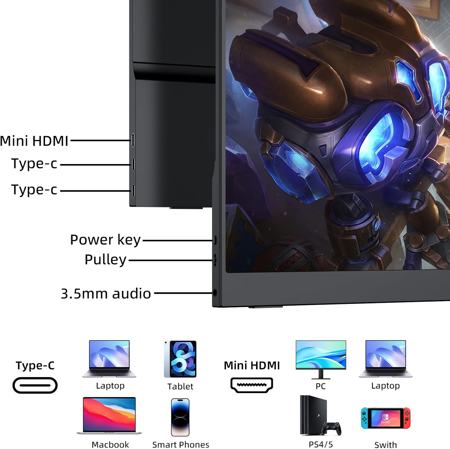 Portable Monitor, 11.6 HDMI USB-C IPS External Screen Small, Built-in Dual Speakers Gaming for Laptop PC, Plug  Play,Lightweight Small Monitor for On-The-Go Use,Black