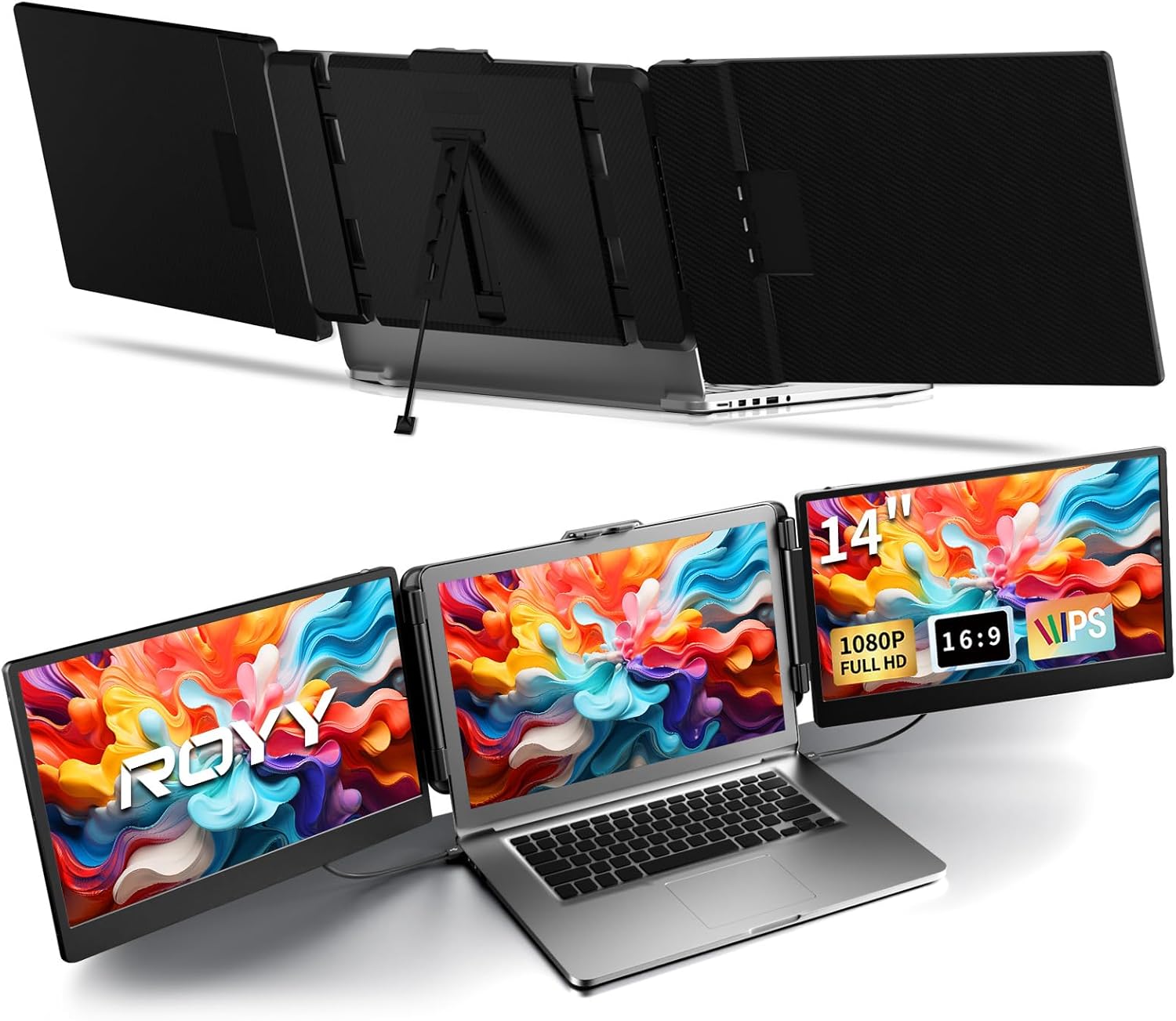 ROYY Laptop Screen Extender Triple Monitor - 14 1080P Portable Monitor FHD Attachment Extra Screen Compatible with Windows Mac Dex Chrome Travel Work Fits 13-17 Laptops