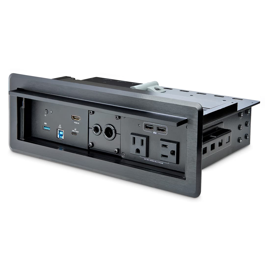 StarTech.com Conference Room Docking Station with Power/Charging; Table Connectivity Box, Universal USB-C Laptop Dock, 60W PD, 4K HDMI, USB Hub, Audio, 2X AC Outlets, 2xUSB Charge Ports, TAA