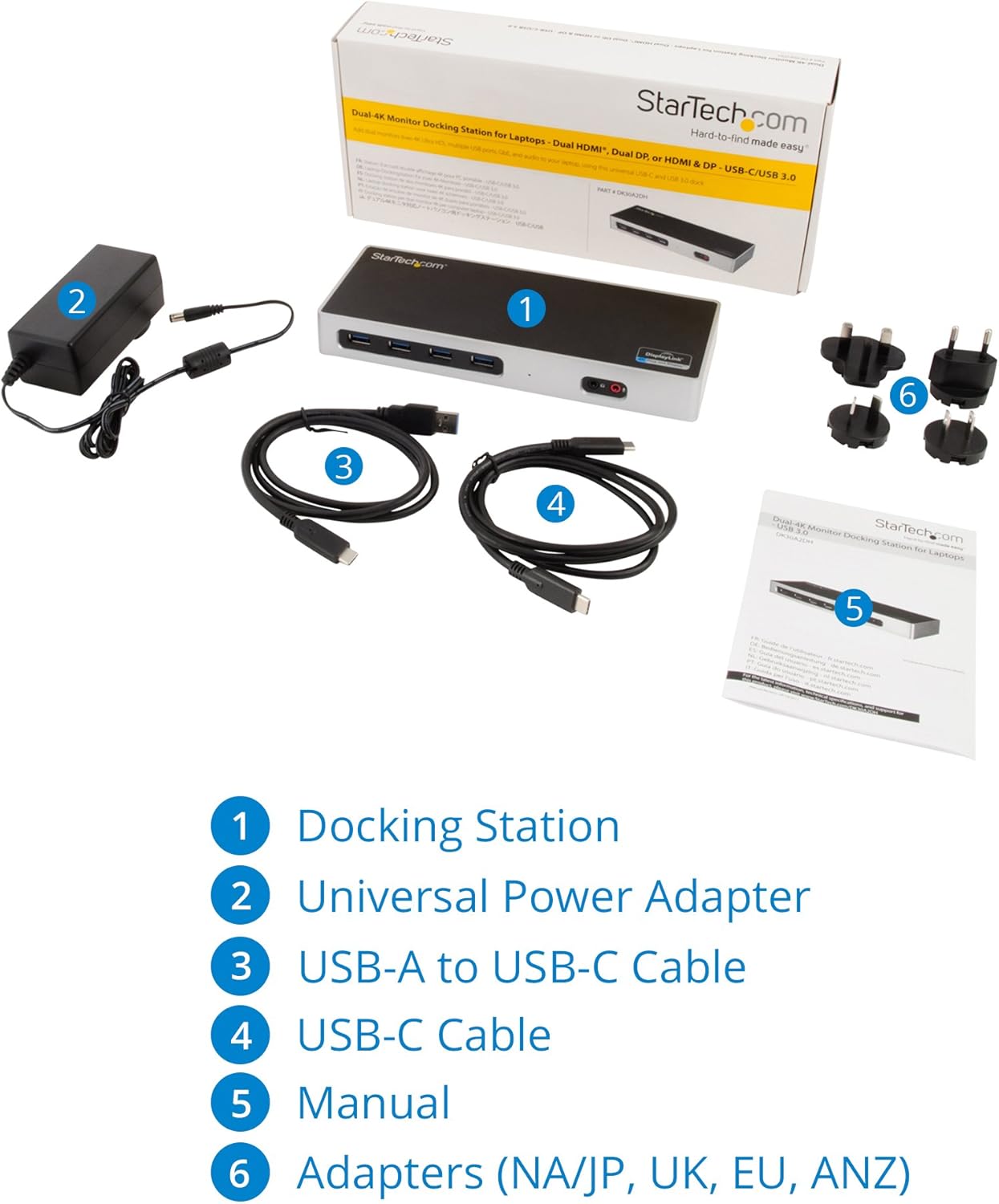StarTech.com USB-C  USB-A Dock - Dual Monitor 4K 60Hz Dock DisplayPort + HDMI - Hybrid USB 3.0 Docking Station for USB-C/USB-A Laptops - 6x USB Type-A, GbE - USB 3.1 Gen 1 - Mac/Windows (DK30A2DH)
