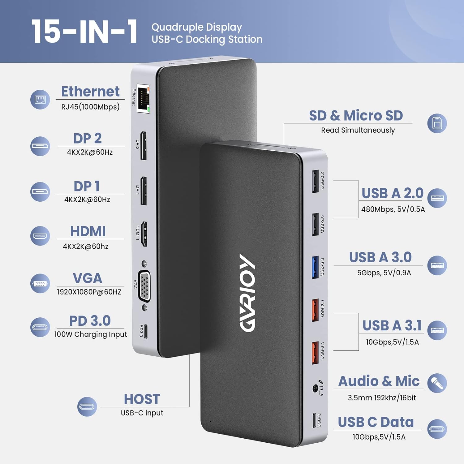 USB C Laptop Docking Station, 15 in 1 Triple Display Multiport Adapter 3 Monitors Dock with Dual DP, HDMI, VGA, USB C/A, RJ45, SD/TF, Mic/Audio, PD Compatible for MacBook/Dell/HP/Lenovo Laptops