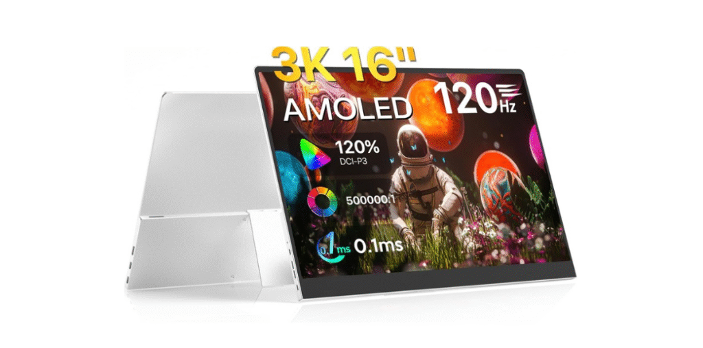 16 inch OLED Portable Monitor, 3K 2880x1800 120Hz 0.1ms 120% DCI-P3 500000-1 Contrast USB-C HDMI OLED Monitor with VESA Kickstand Speaker Ultra-Slim