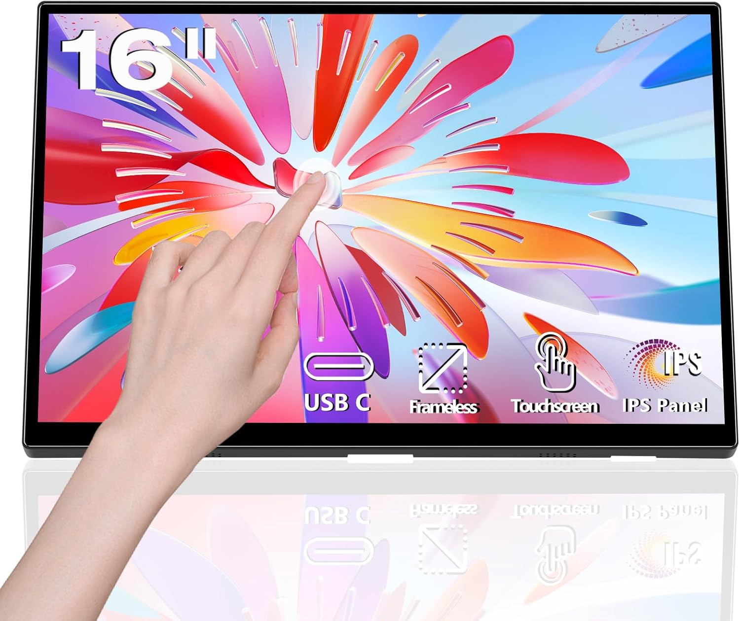 16 Inch HD 1920x1200P Touch Screen USB-C Monitor IPS Display, 300cd/m, External Portable Monitor for PC Laptop Phones Computer Ras Pi, Built-in Kickstand, Black