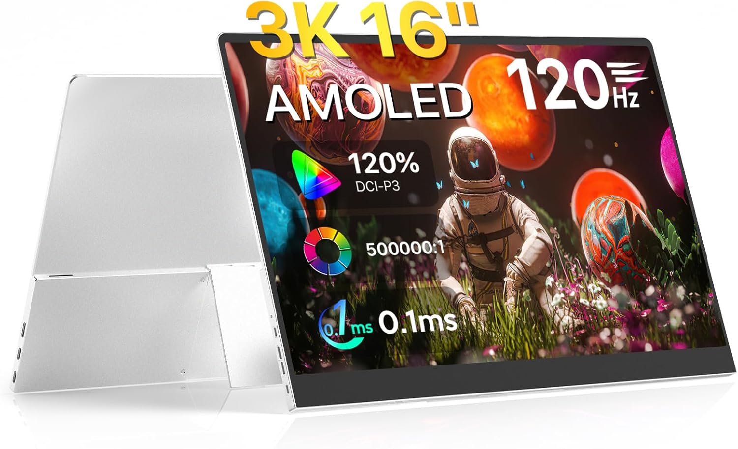 16 OLED Portable Monitor, 3K 2880x1800 120Hz 0.1ms 120% DCI-P3 500000:1 Contrast USB-C HDMI OLED Monitor with VESA Kickstand Speaker Ultra-Slim External Display for Mac Laptop PC Phone Gaming