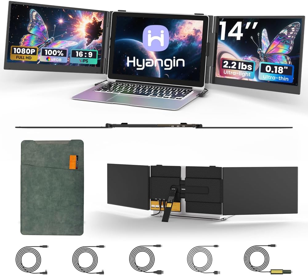 2025 Upgraded 14 Triple Laptop Screen Extender, Ultra-Thin 1080P FHD Displays for Laptop, Ultra-Light Triple Monitor for 13.3-17.3 Laptops, Compatiable with Windows/Mac/Chrome OS and Mobile Devices