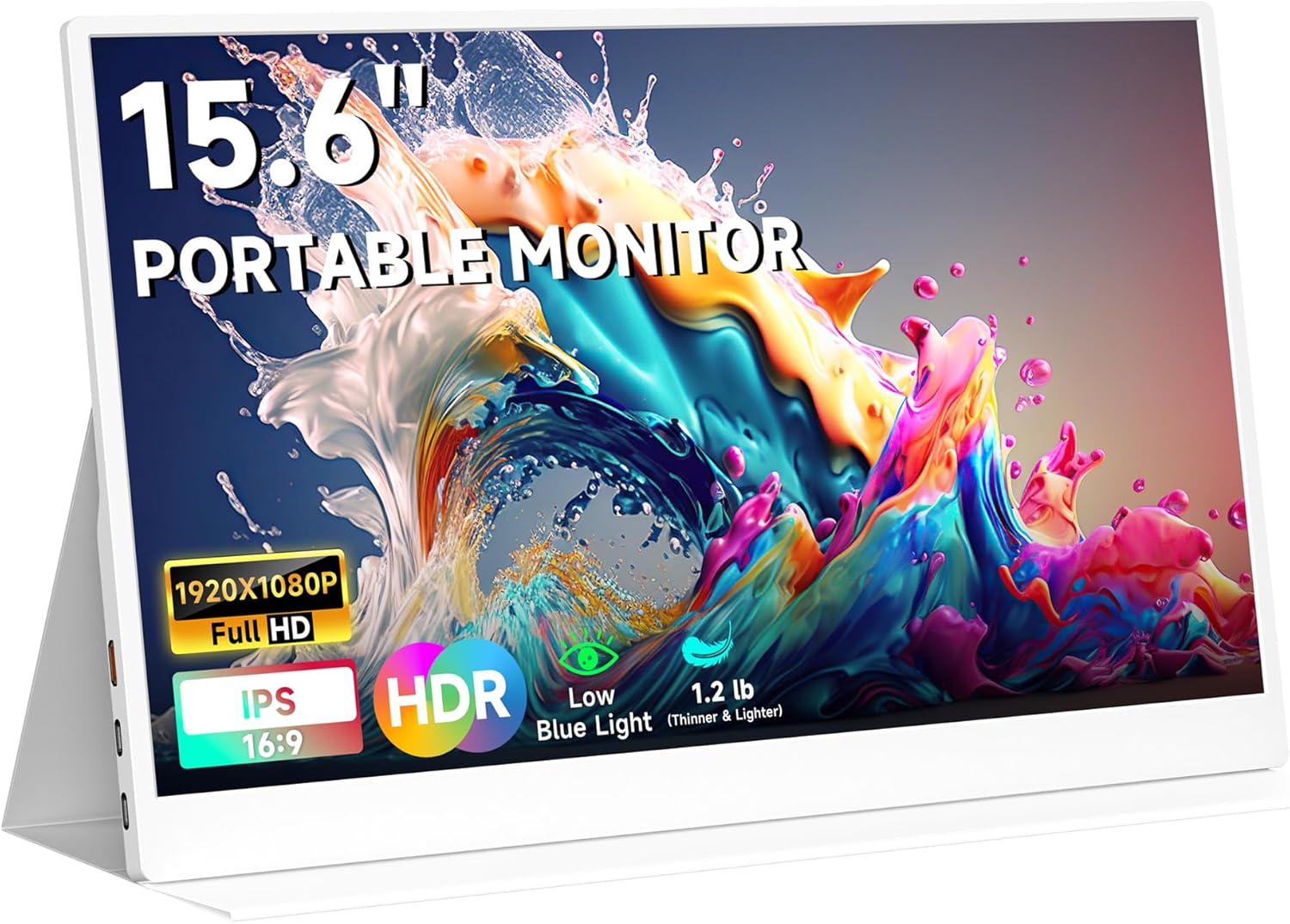 AYY White Portable Monitor 15.6 Inch 1080P FHD USB - C HDMI External Display for Laptop Phone MAC PS5 Switch XBOX, Ultra Slim 100% sRGB Portable Second Screen with Dual Speakers  Smart Cover, IPS HDR