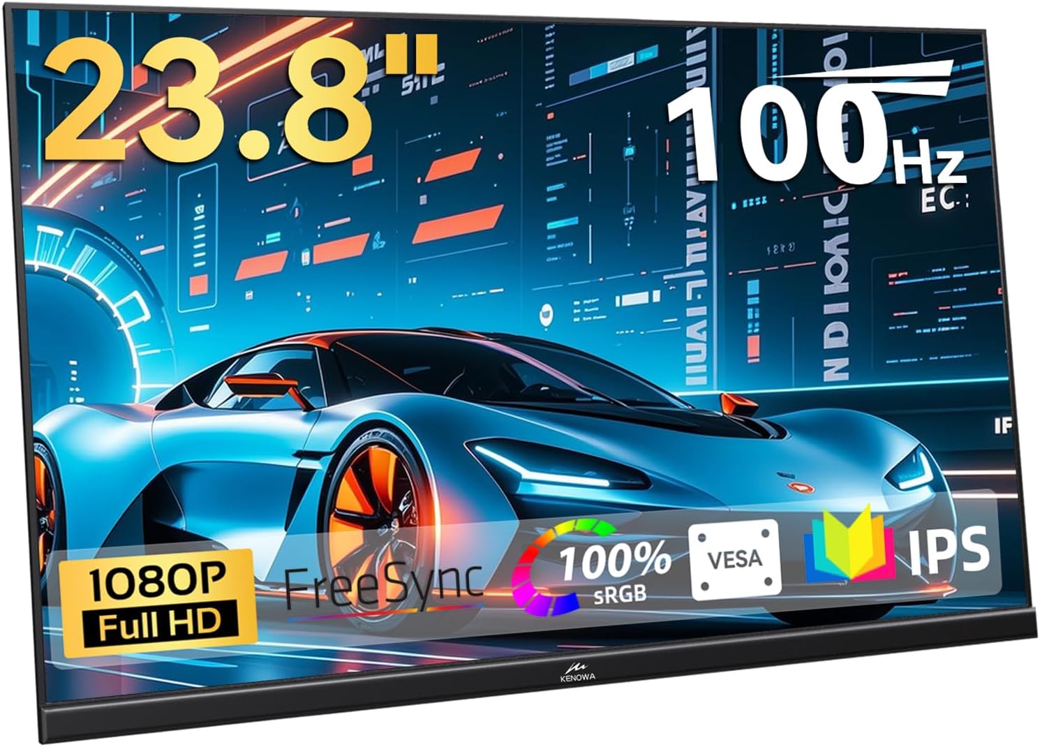Kenowa 23.8 100Hz Large Portable Monitor IPS FHD 1080P Freesync USB-C HDMI Gaming Monitor, External Display Dual Speakers Adjustable Stand for PC,Laptop,Mac,Phone,Game Consoles