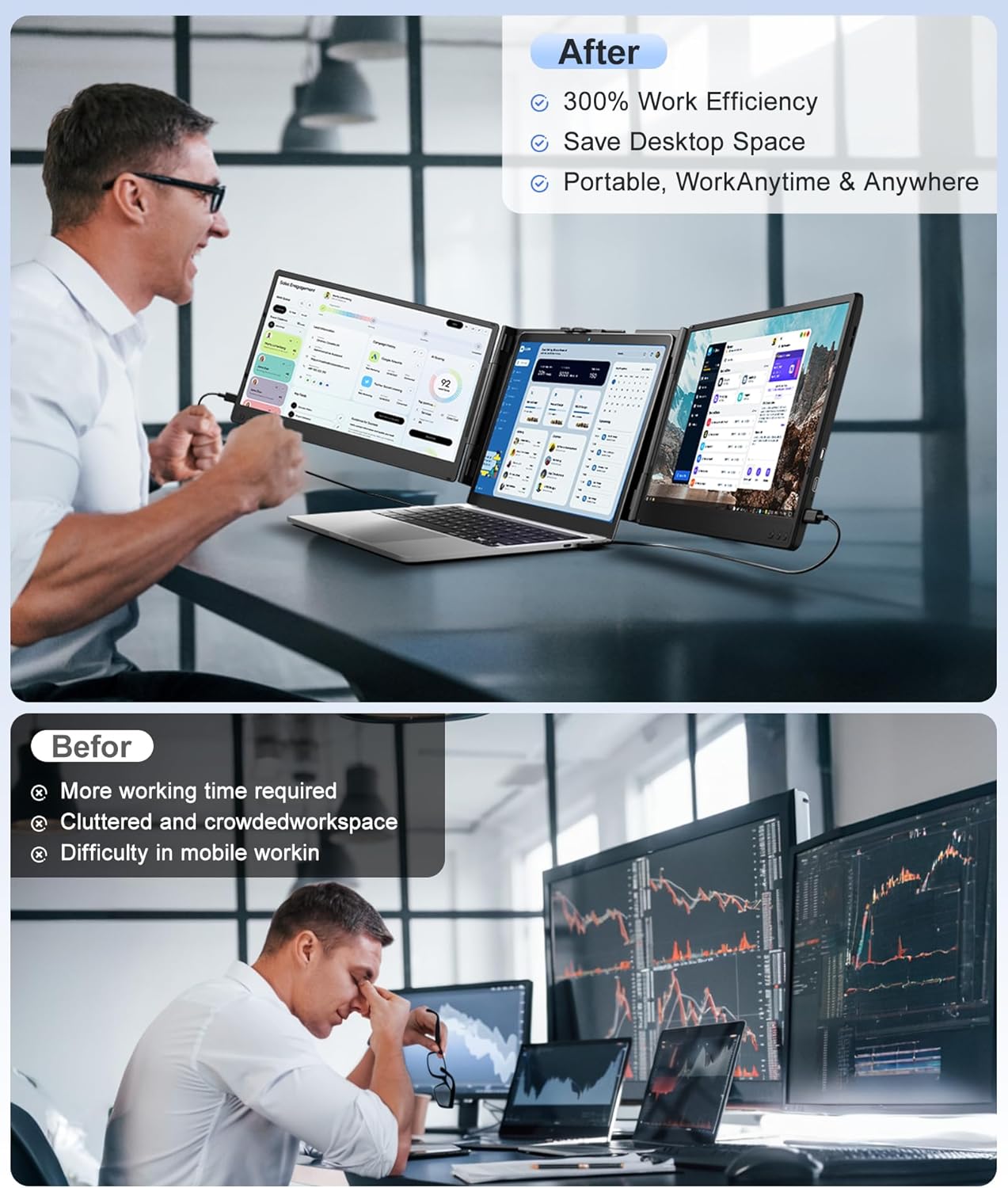 Laptop Screen Extender, 14 FHD 1080P Portable Monitor for Laptop, PlugPlay Triple Screen Extender, Auto Adjust Width Dual Monitor for 13 - 17 Laptops, Compatible with MacOS/Wins/Chrome/Dex