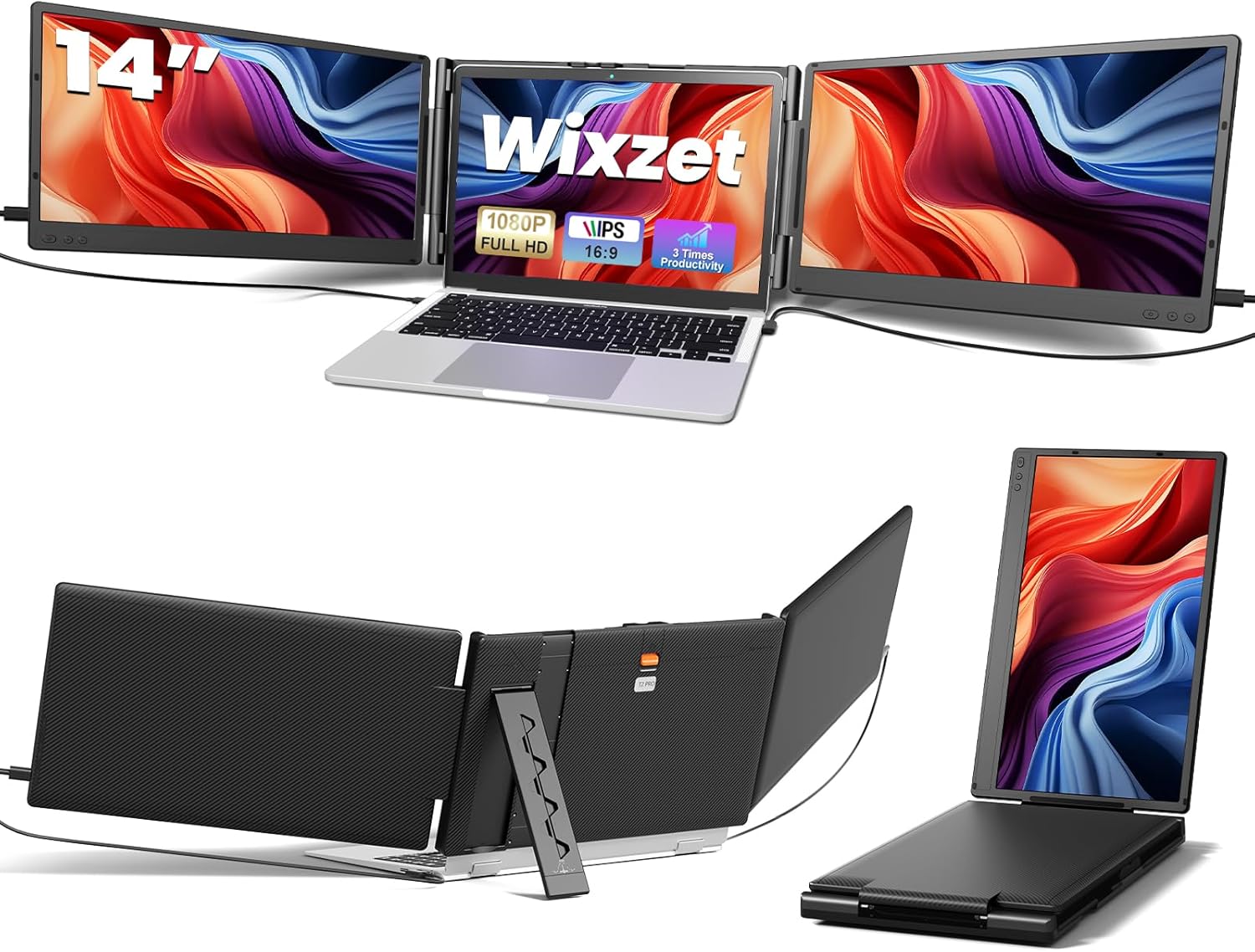 Laptop Screen Extender, 14 FHD 1080P Portable Monitor for Laptop, PlugPlay Triple Screen Extender, Auto Adjust Width Dual Monitor for 13 - 17 Laptops, Compatible with MacOS/Wins/Chrome/Dex