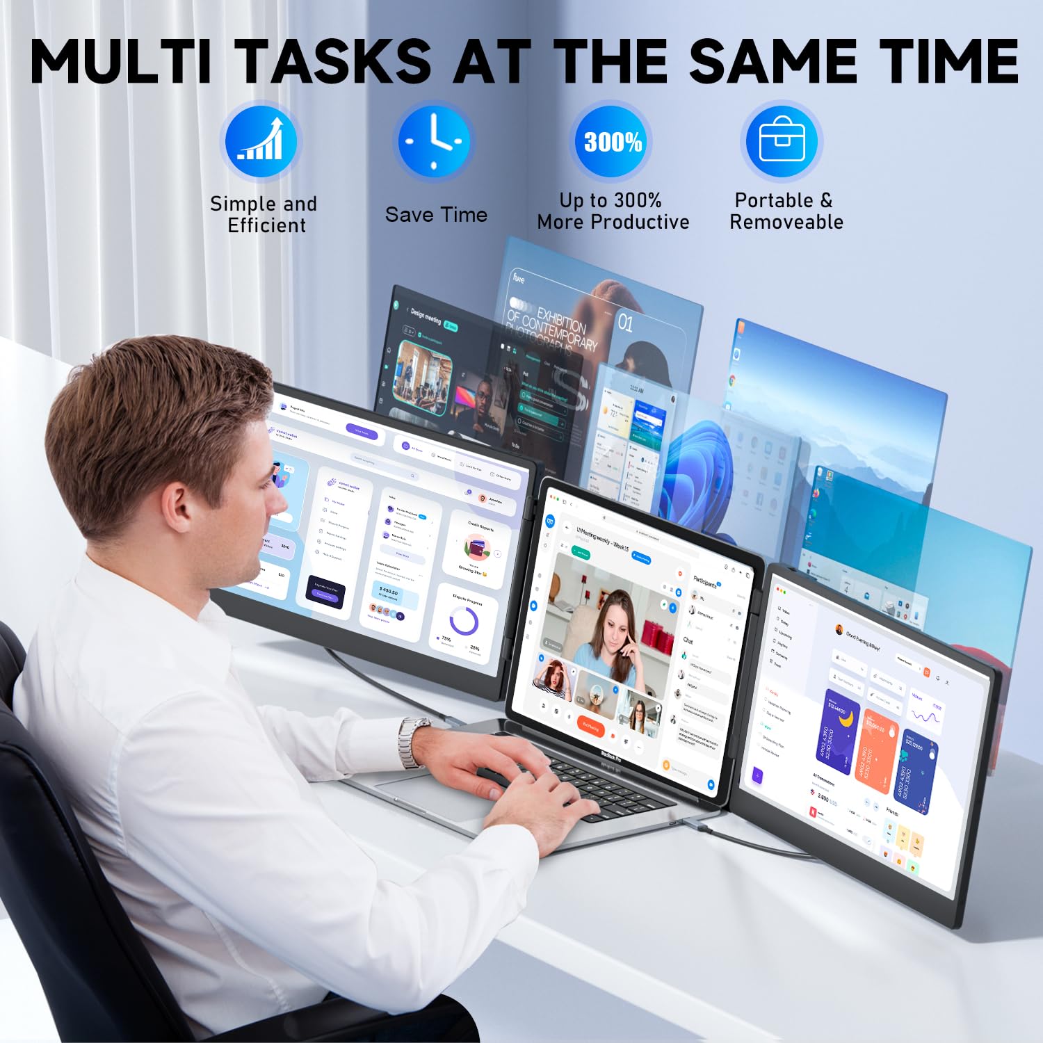 Laptop Screen Extender, 14 FHD 1080P Triple Portable Monitor for Laptops 13-17, Laptop Monitor Extender for Windows/Mac/Chrome/PS5,Plug n Play