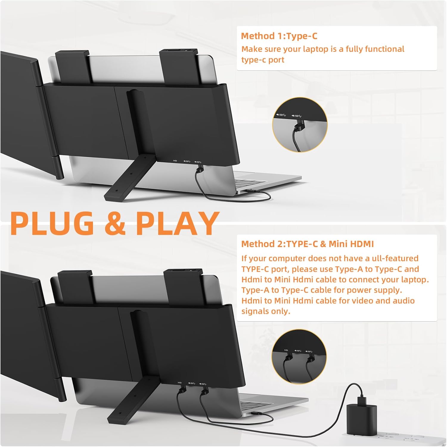 Laptop Screen Extender, 14 FHD IPS 1080P Portable Monitor for Laptop Mini HDMI/Type-C PC Display Extender Fits 14-16.5 Laptops,Plug  Play for Windows/Mac/Android/Switch/PS5