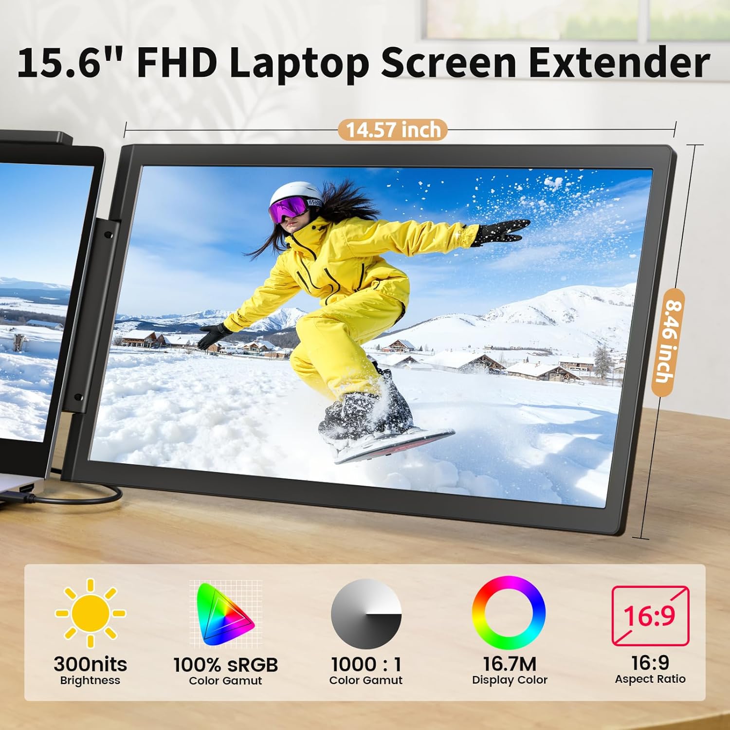Laptop Screen Extender, 15.6 1080P IPS Portable Monitor, Travel Monitor for 14-16.5 Laptops with USB-C/HDMI Port, Plug and Play Attachment Screen for Windows/Mac/Android/Switch/PS5/Xbox