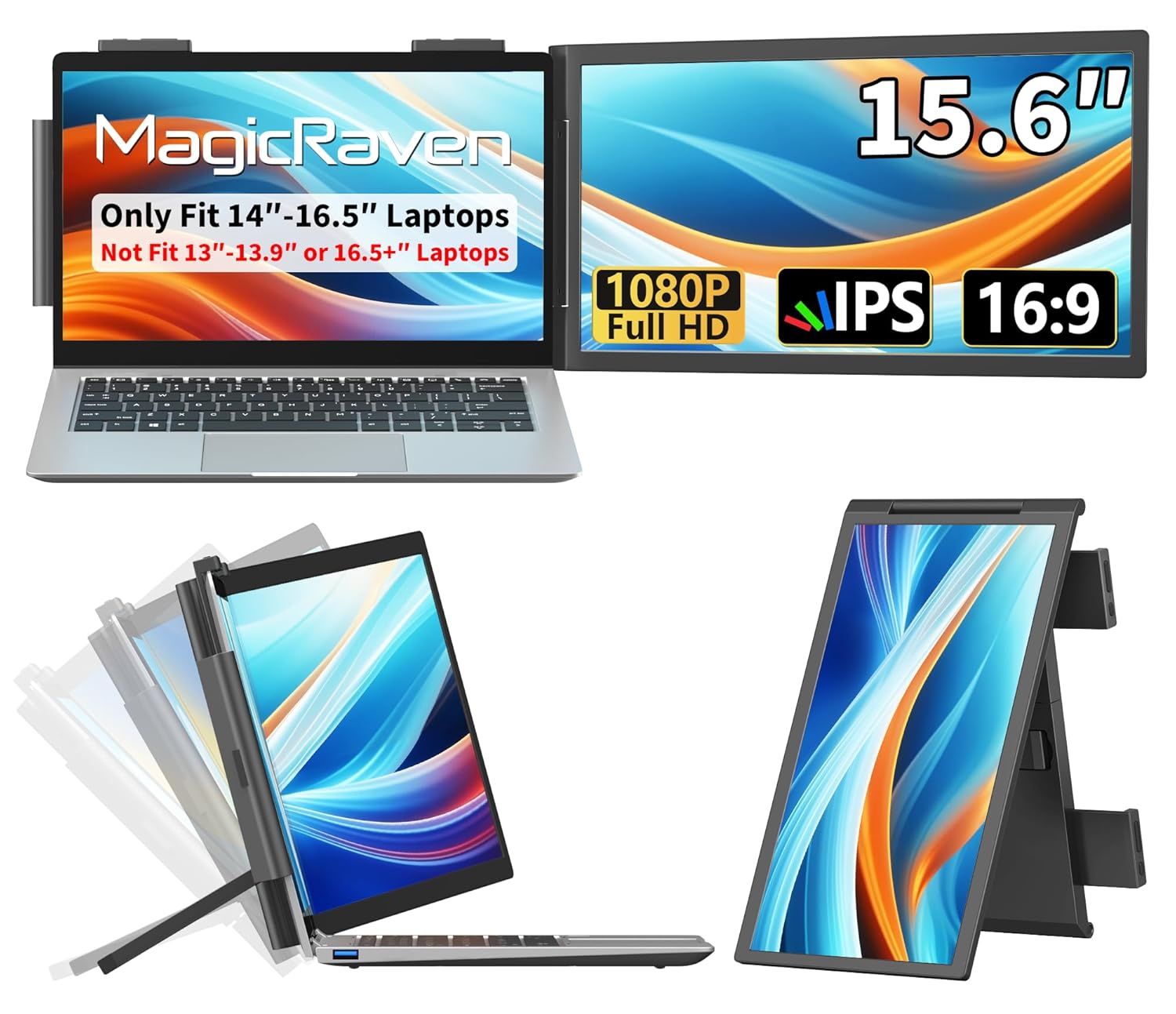 Laptop Screen Extender, 15.6 1080P IPS Portable Monitor, Travel Monitor for 14-16.5 Laptops with USB-C/HDMI Port, Plug and Play Attachment Screen for Windows/Mac/Android/Switch/PS5/Xbox
