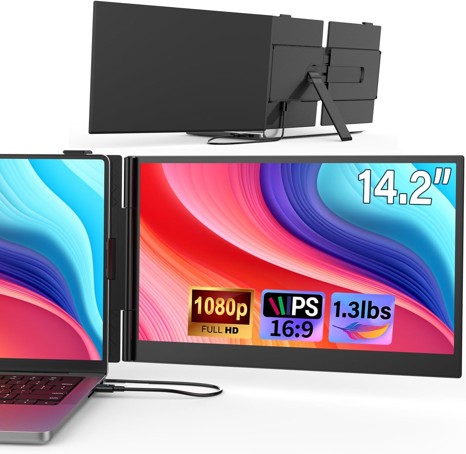 Laptop Screen Extender, Ultra-Thin 14.2 FHD IPS Dual Screen, Portable Monitor for Laptop 13–17.3 with USB-C/HDMI Port, Plug  Play for Windows/Mac/Android/PS5