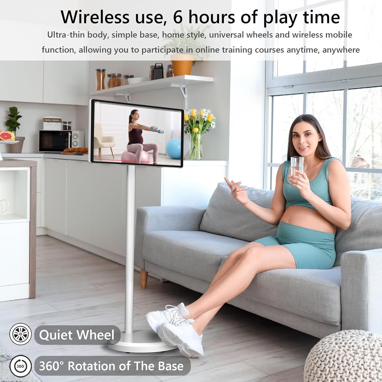 OFD 21.5 Inch Portable TV on Wheels 1080P,100%sRGB,6GB RAM+128GB Storage,RollingTV,Touch Screen Large Tablet with Base,8MP Webcam,Android 13 OS| Wireless Projection| 6000 mAh Battery(Play 4-6H),White