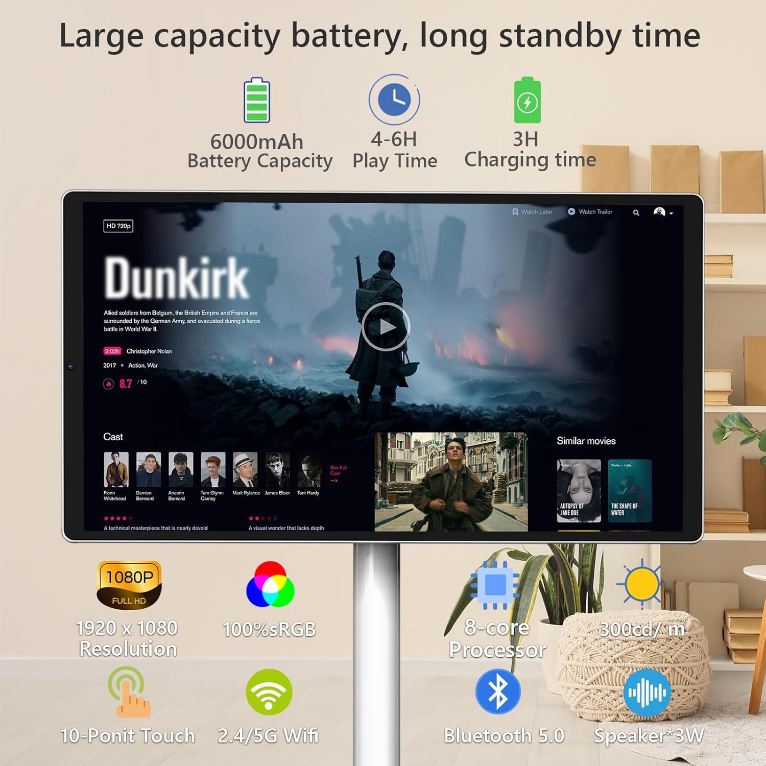 OFD 21.5 Inch Portable TV on Wheels 1080P,100%sRGB,6GB RAM+128GB Storage,RollingTV,Touch Screen Large Tablet with Base,8MP Webcam,Android 13 OS| Wireless Projection| 6000 mAh Battery(Play 4-6H),White