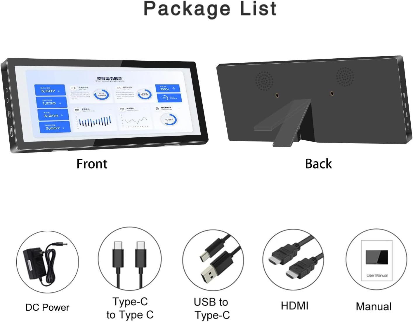 Portable Monitor 10.3-inch Touchscreen 1920 * 720 Long Bar Monitor, IPS Full Lamination Panel, Built-in Dual Speakers, HDMI Type-C Port, Suitable for Mac,laptops,PC,Switch, Phone