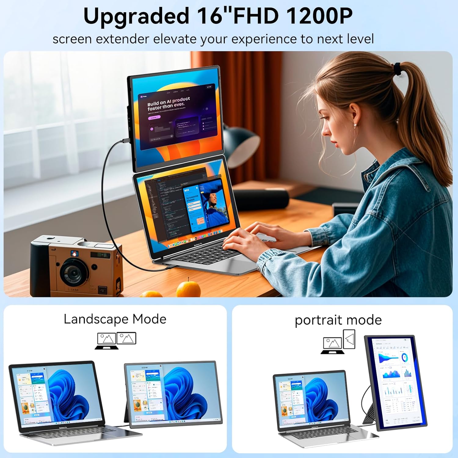 Portable Monitor, Upgraded 16 FHD 1200P Laptop Screen Extender, Up and Down Adjustable and 360°Rotating Detachable Stand, Travel Monitor for Laptop, Portable Screen for Windows/PC/Mac