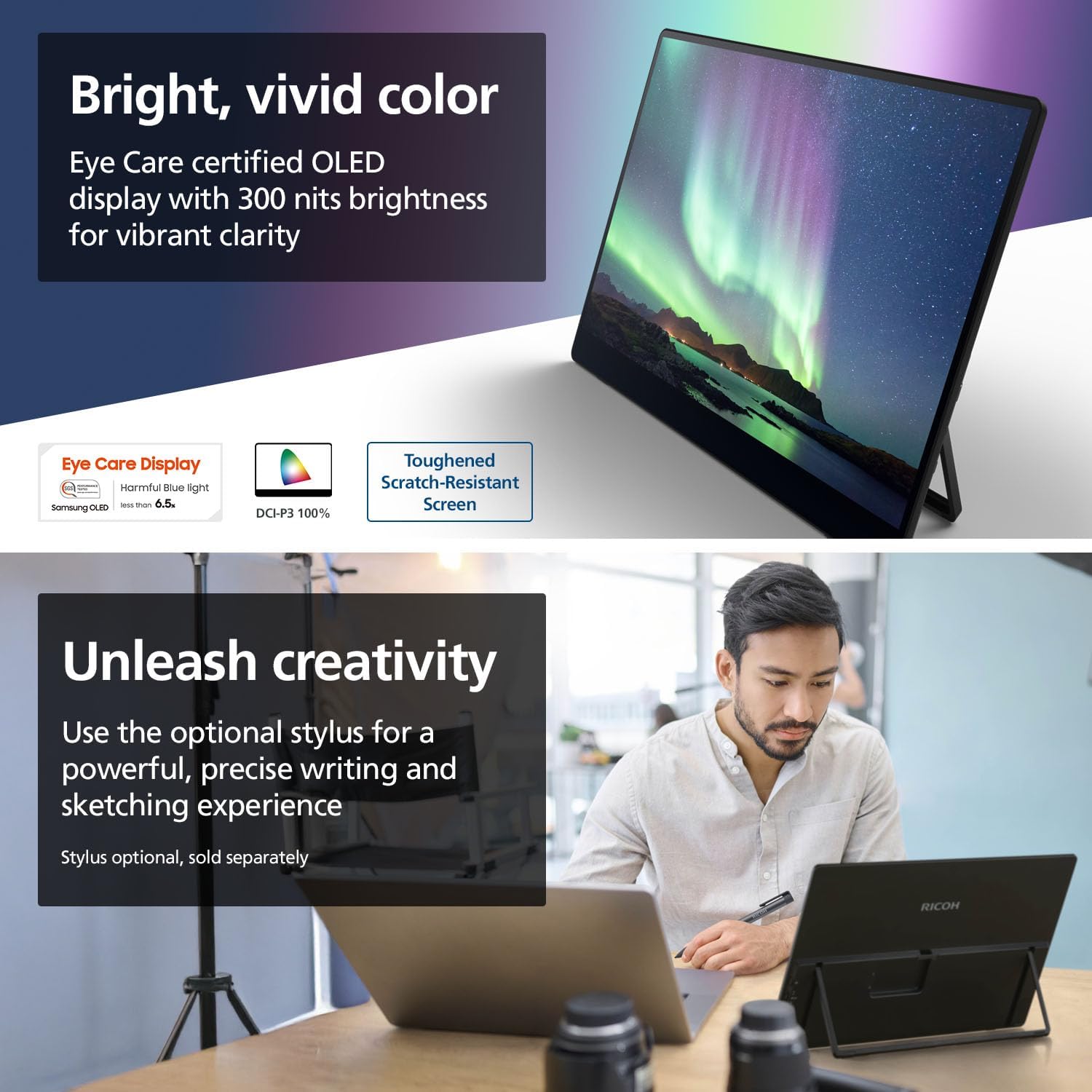 RICOH 150 Portable 15.6 Vivid OLED 300nit Lightweight Display Monitor and Touchscreen w/Dual Speakers - for Laptop, Desktop, Mac, PC