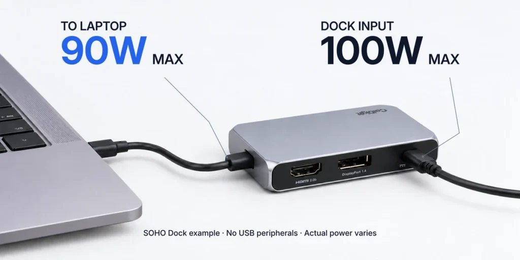 USB-C dock connected to a laptop, labeled 100W maximum input and 90W maximum to the laptop in a SOHO Dock example