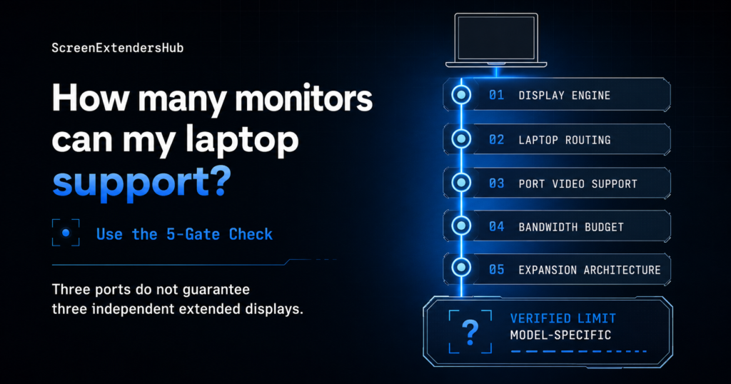 Dark navy ScreenExtendersHub article graphic asking how many monitors a laptop can support. A five-step diagnostic chain lists Display engine, Laptop routing, Port video support, Bandwidth budget and Expansion architecture, ending in a model-specific result.