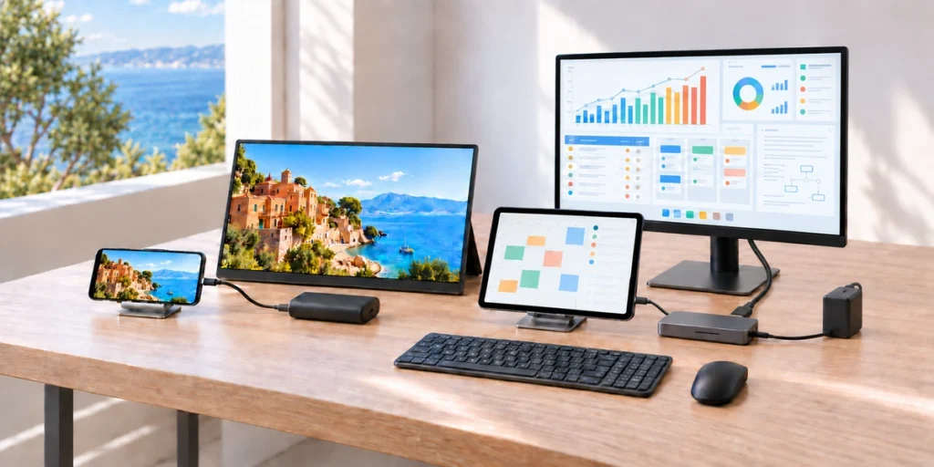 A phone and tablet connected to separate external monitors on a bright desk, showing mirrored media on one display and an extended productivity workspace on the other.